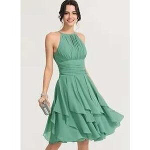 NWT JJs House A-line Halter Knee-Length Chiffon Dress Cascading Ruffles Women 14
